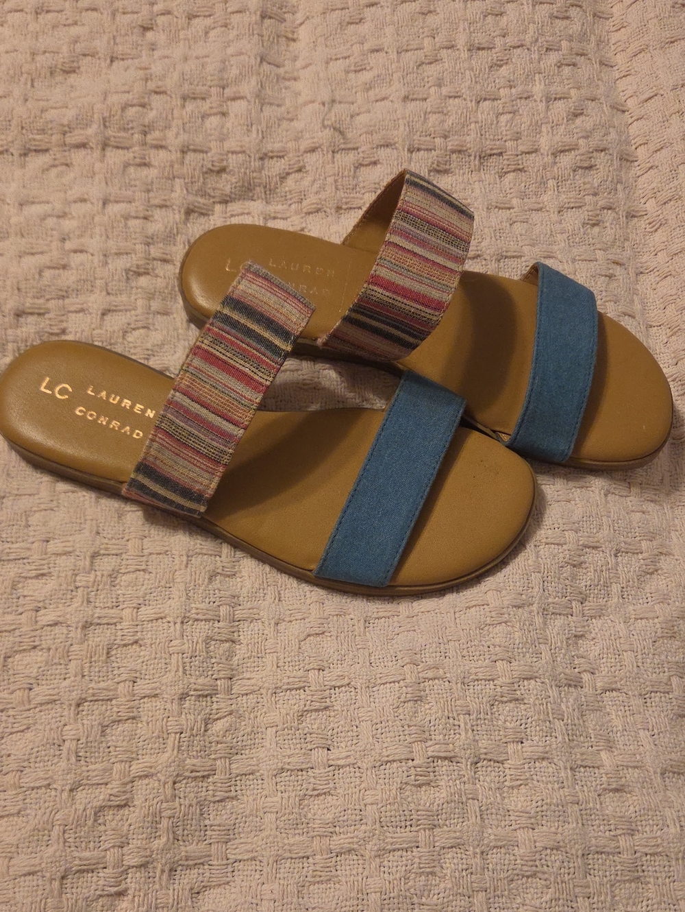 LC Lauren Conrad Denim Blue and Multicolor Stripe Slide Sandals